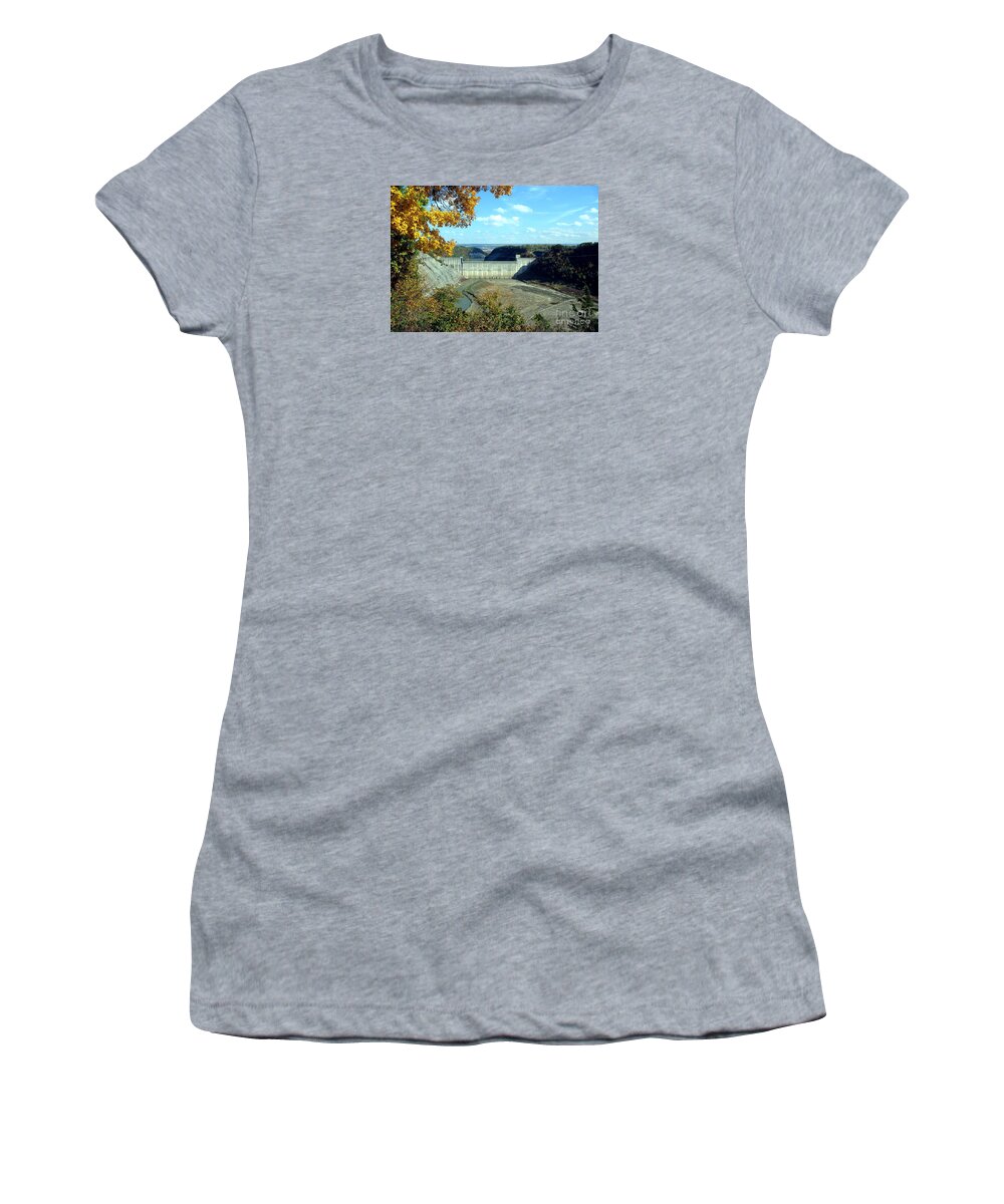 Letchworth State Park Mount Morris Dam Autumn Drought Women's T-Shirt featuring the photograph Letchworth State Park Mount Morris Dam Autumn Drought by Rose Santuci-Sofranko