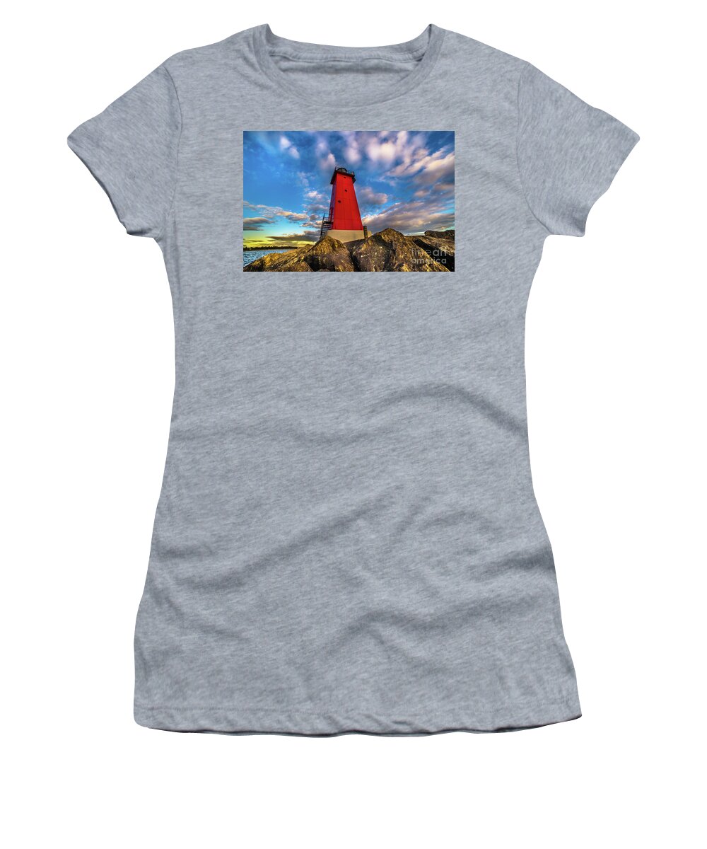 Lighthouse Women's T-Shirt featuring the photograph Lighthouse Manistique Sunset -5350 by Norris Seward