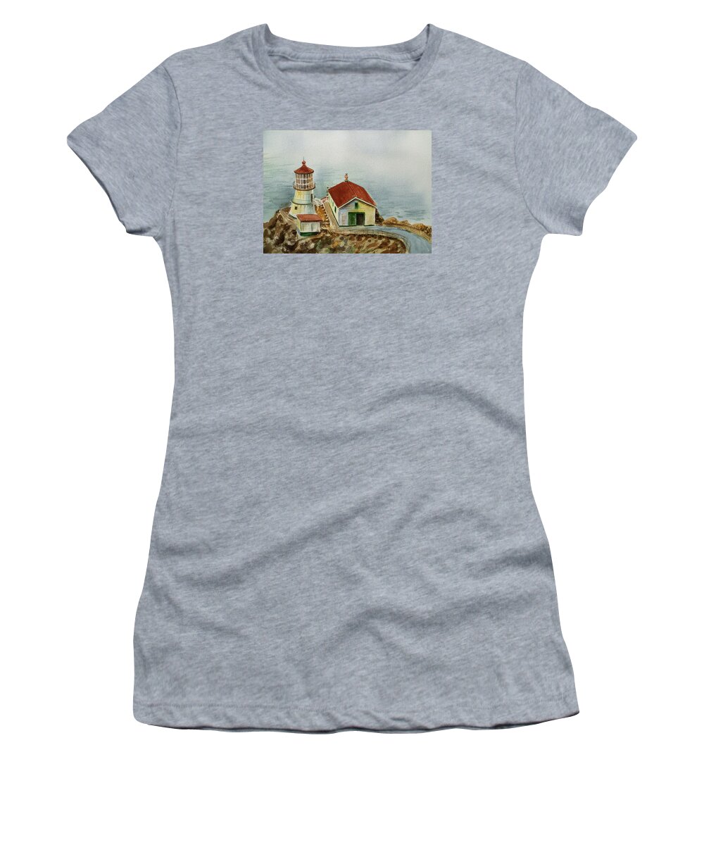 Lighthouse Women's T-Shirt featuring the painting Lighthouse Point Reyes California by Irina Sztukowski