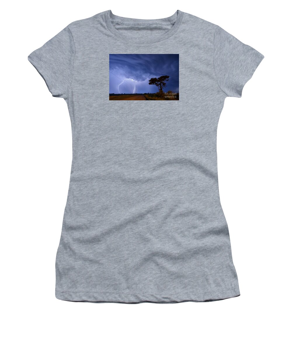 Lightning Women's T-Shirt featuring the photograph Lightning Storm on a Lonely Country Road by Art Whitton