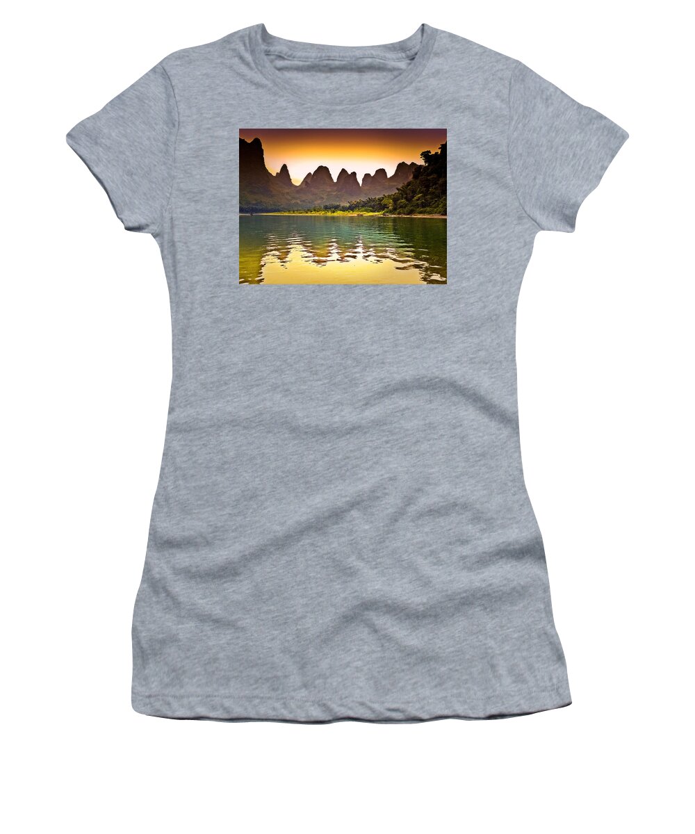 Sunset Women's T-Shirt featuring the photograph Like a fairyland sunset-China Guilin scenery Lijiang River in Yangshuo by Artto Pan