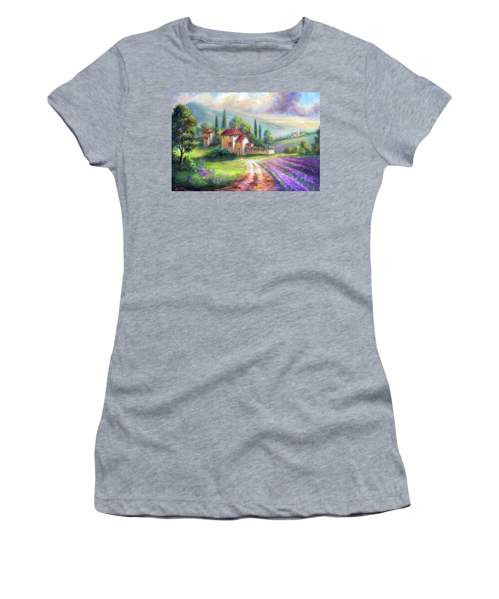 Landscape Women's T-Shirt featuring the painting Lilac Fields in the Italian countryside  by Regina Femrite