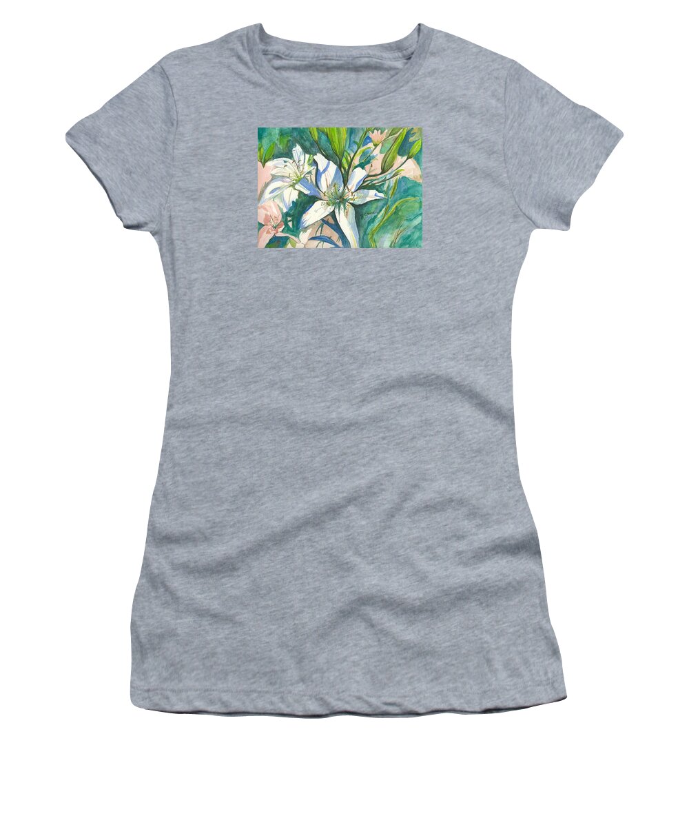 Two Women's T-Shirt featuring the painting Lillies two by Darren Cannell