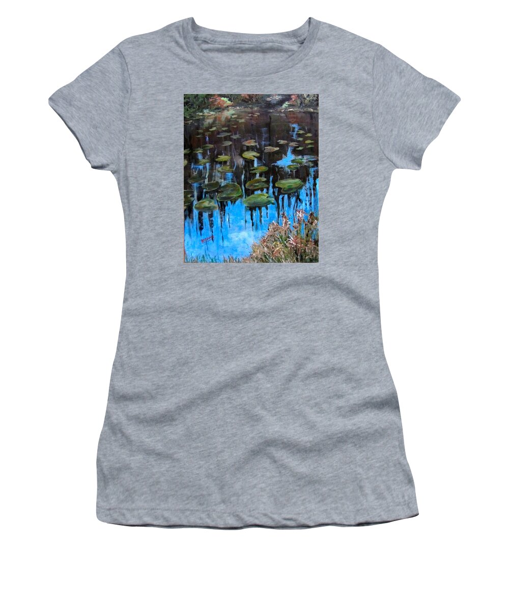 Acrylic Women's T-Shirt featuring the painting Lilly Pads and Reflections by Barbara O'Toole