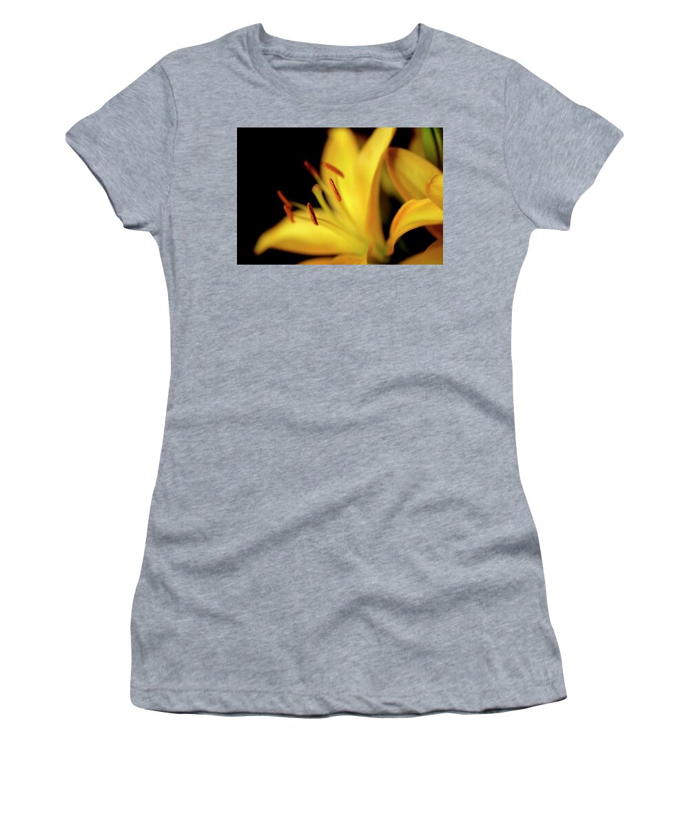 Lily Flower Yellow Blur Bokeh Women's T-Shirt featuring the photograph Lily Flower by Ian Sanders