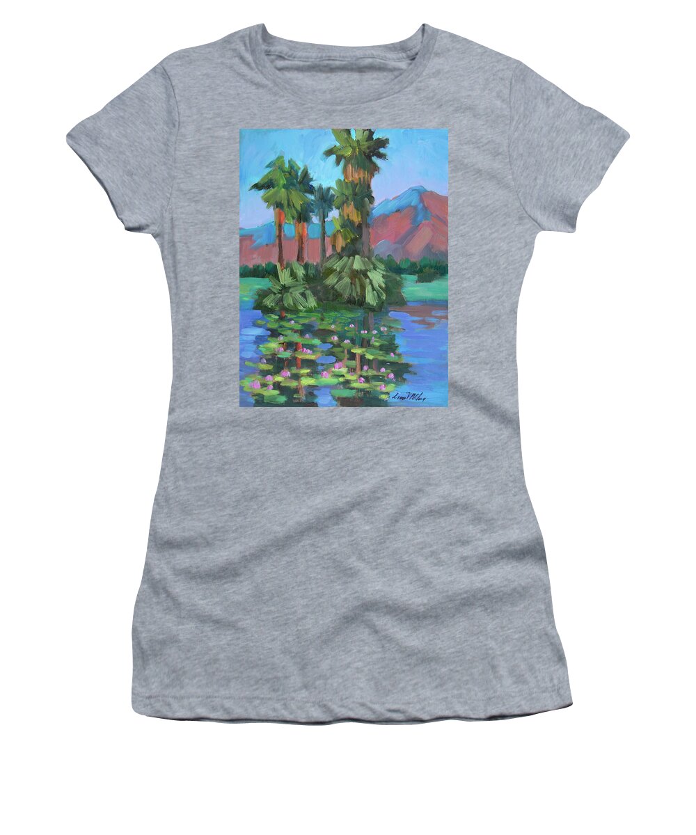 La Quinta Women's T-Shirt featuring the painting Lily Pond at La Quinta Estates by Diane McClary
