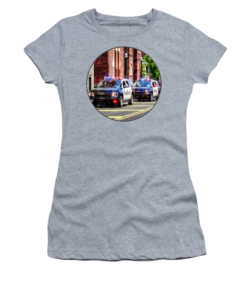 Police Women's T-Shirt featuring the photograph Line of Police Cars by Susan Savad