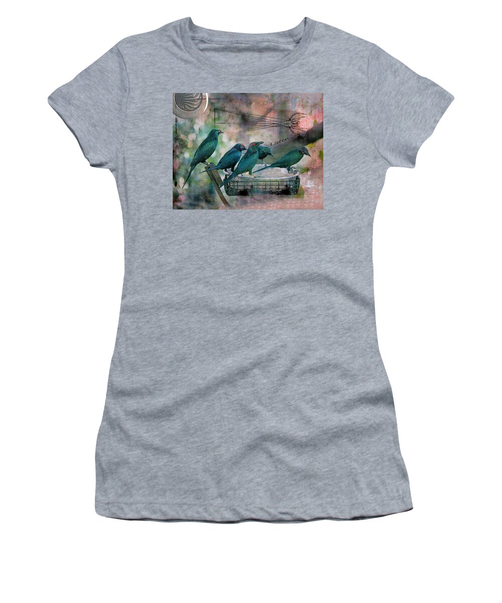 Birds Women's T-Shirt featuring the photograph Listen by Sandra Schiffner
