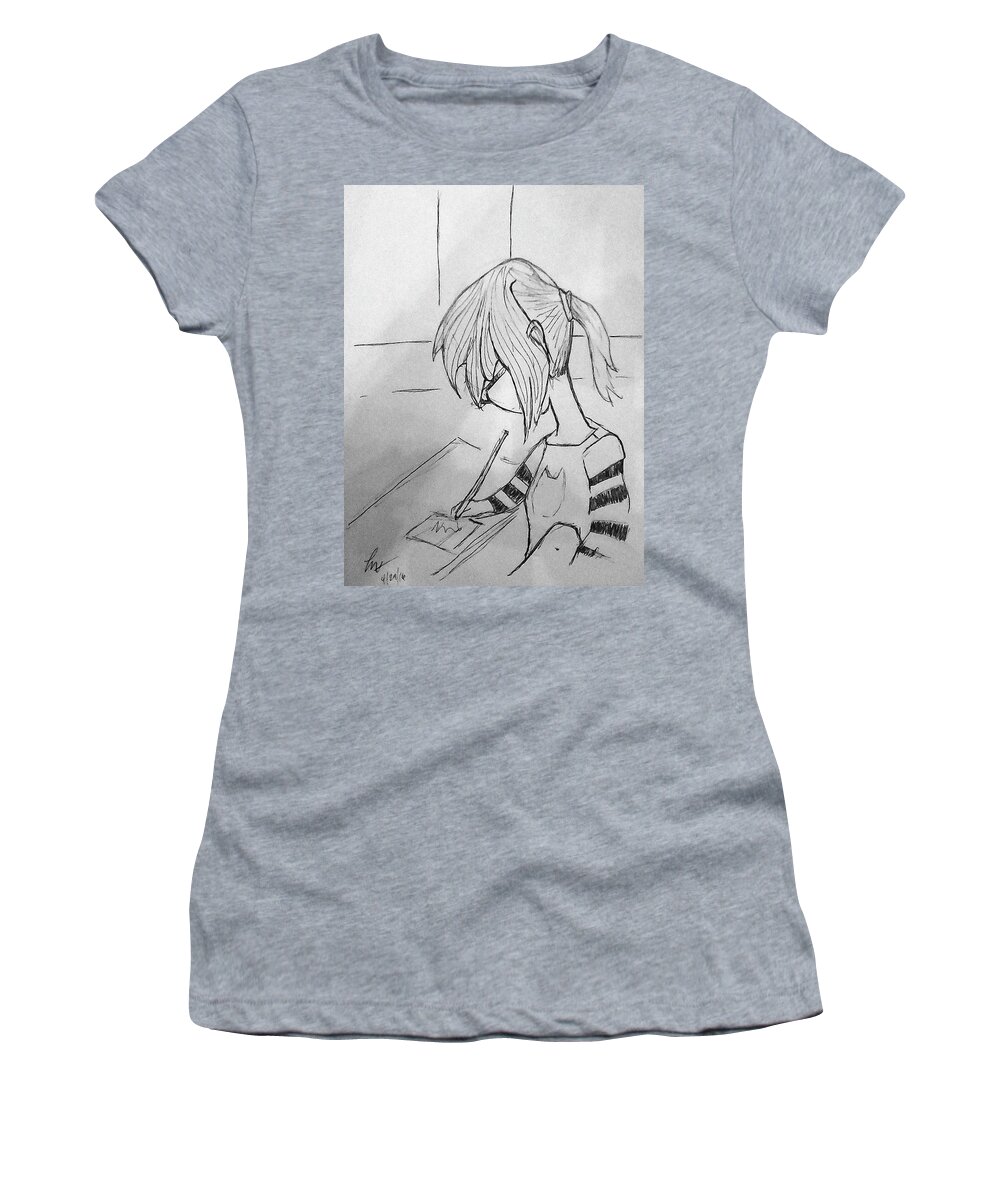 Little Women's T-Shirt featuring the drawing Little Artist by Loretta Nash
