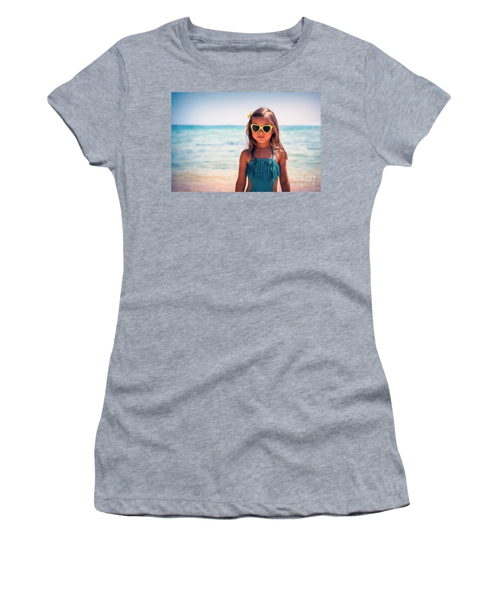 Activity Women's T-Shirt featuring the photograph Little girl on the beach by Anna Om