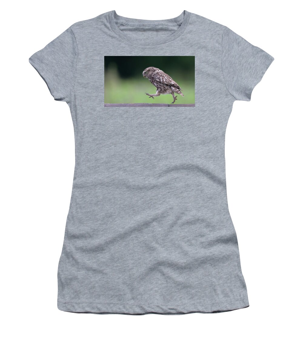 Little Women's T-Shirt featuring the photograph Little Owl Running Along Ridge Tiles by Pete Walkden