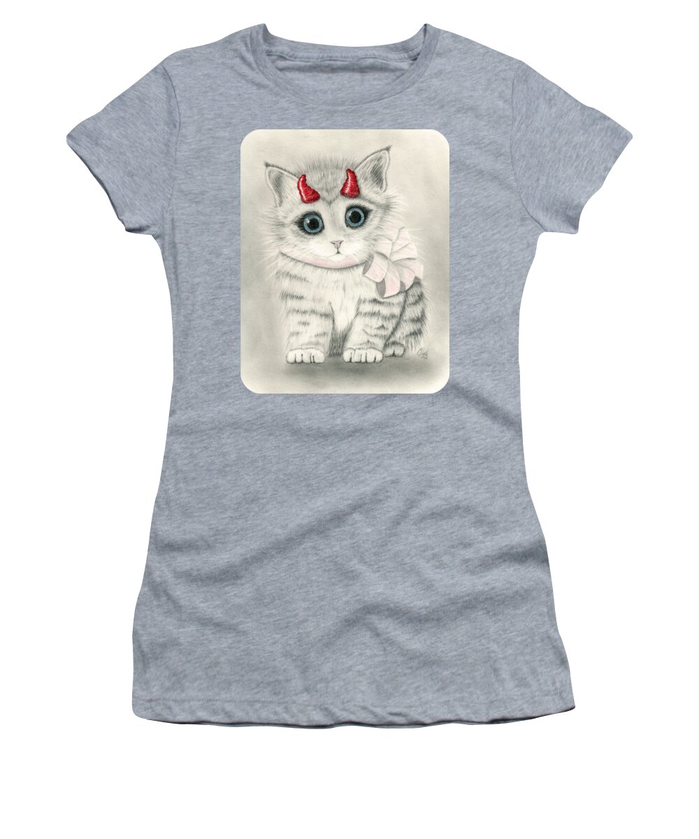 Cute Kitten Women's T-Shirt featuring the drawing Little Red Horns - Cute Devil Kitten by Carrie Hawks