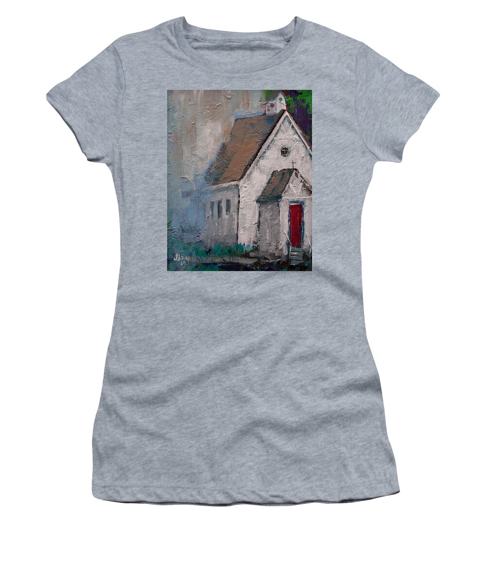 White Church Painting Women's T-Shirt featuring the painting Little White Church on the Corner Christian Painting by Gray Artus