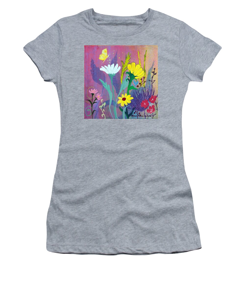 Little Yellow Butterfly With Daisies Women's T-Shirt featuring the painting Little Yellow Butterfly with Daisies by Robin Pedrero