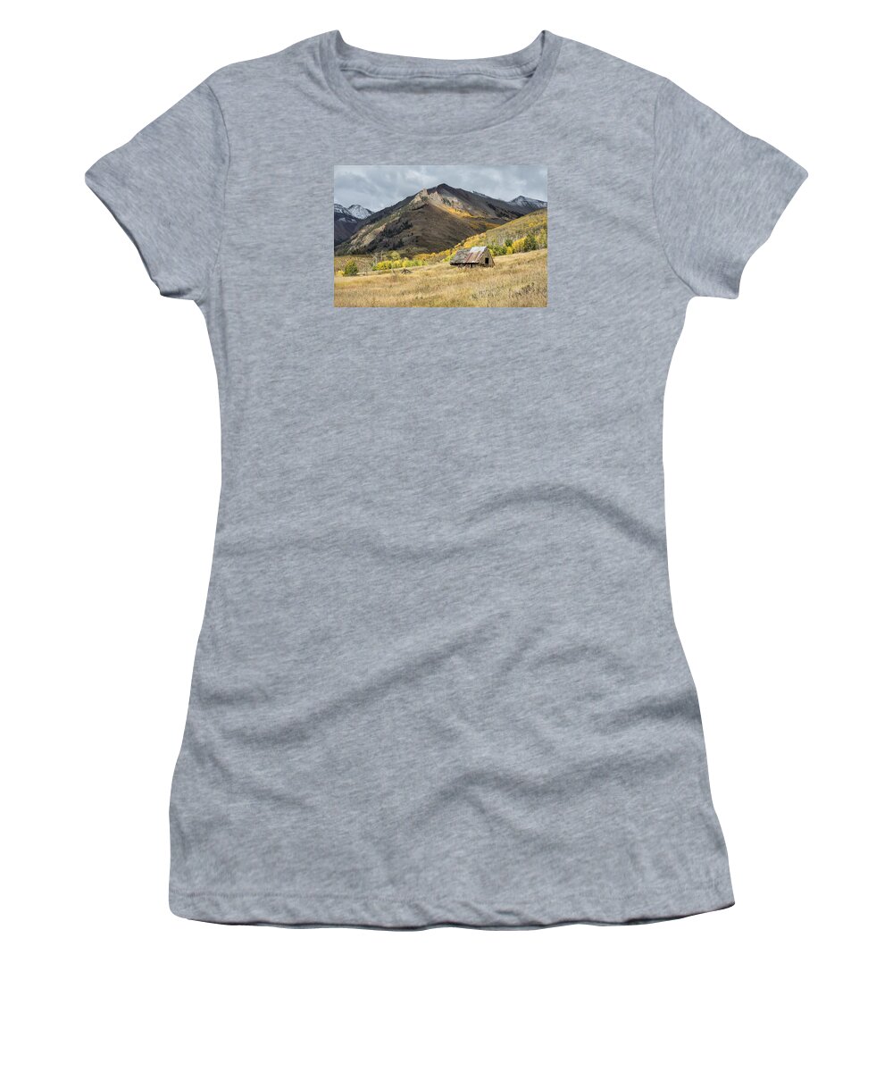 Autumn Women's T-Shirt featuring the photograph Log Barn In the Mountains by Denise Bush