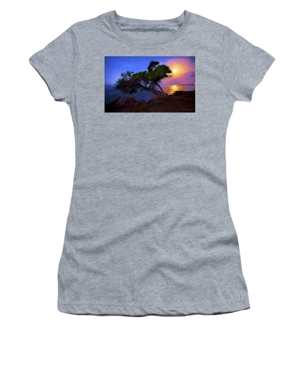 Tree Women's T-Shirt featuring the photograph Lone Tree on Pacific Coast Highway at Moonset by John A Rodriguez