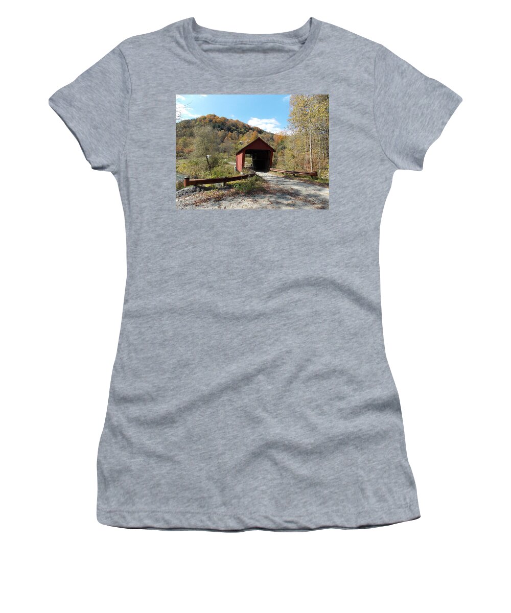Braley Bridge Women's T-Shirt featuring the photograph Lonely Bridge on an Empty Road by Catherine Gagne
