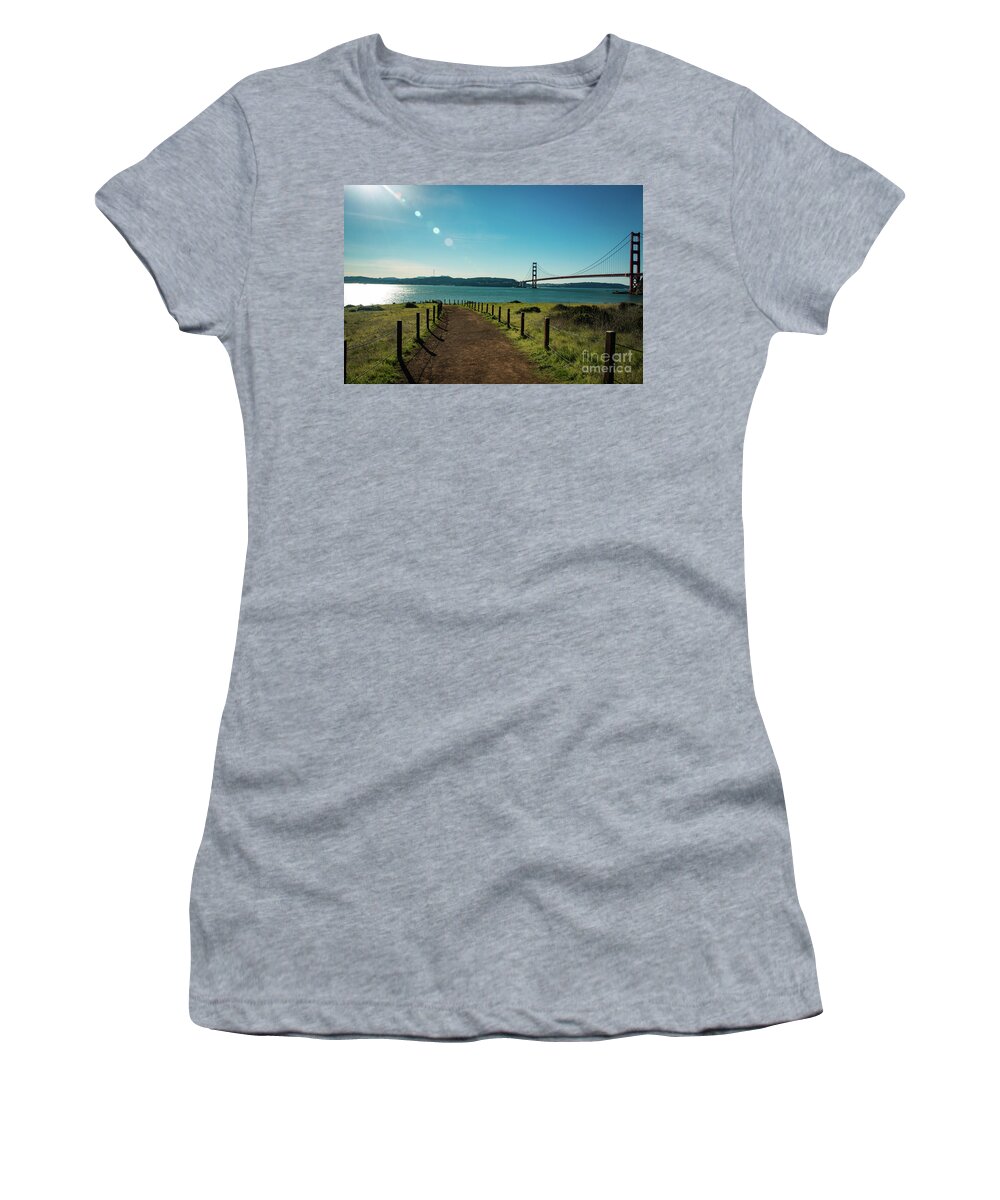 Bridge Women's T-Shirt featuring the photograph Lonely path with the golden gate bridge in the background by Amanda Mohler