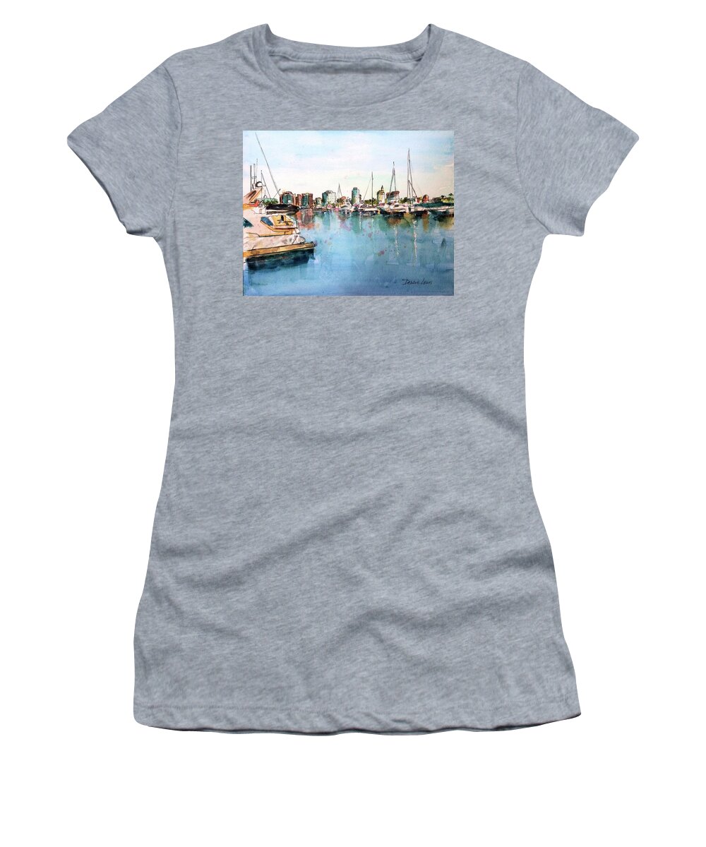 Long Beach Women's T-Shirt featuring the painting Long Beach Coastal View by Debbie Lewis