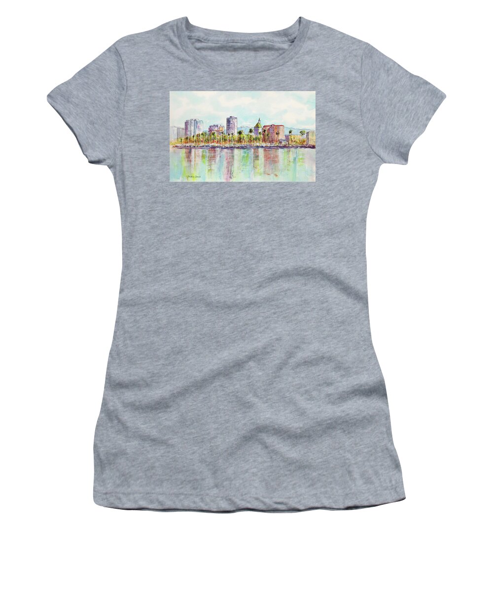 Long Beach Women's T-Shirt featuring the painting Long Beach Coastline Reflections by Debbie Lewis