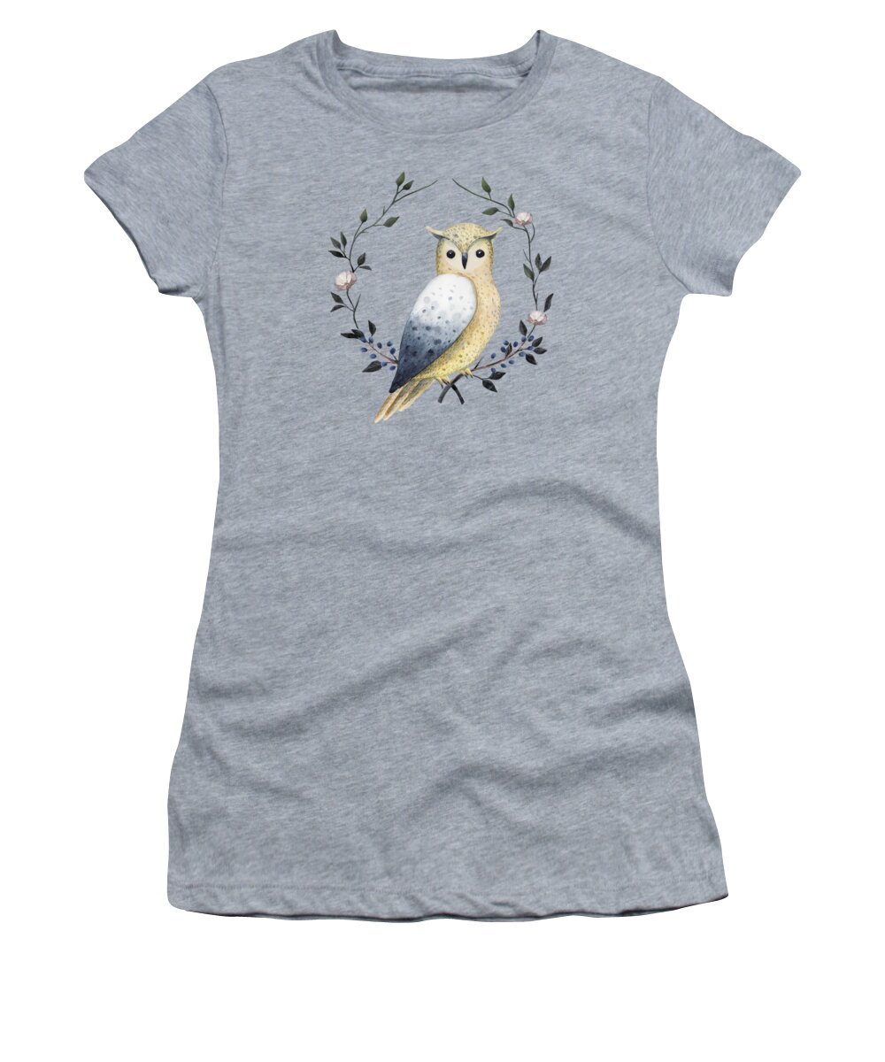 Painting Women's T-Shirt featuring the painting Long Eared Owl On A Laurel by Little Bunny Sunshine