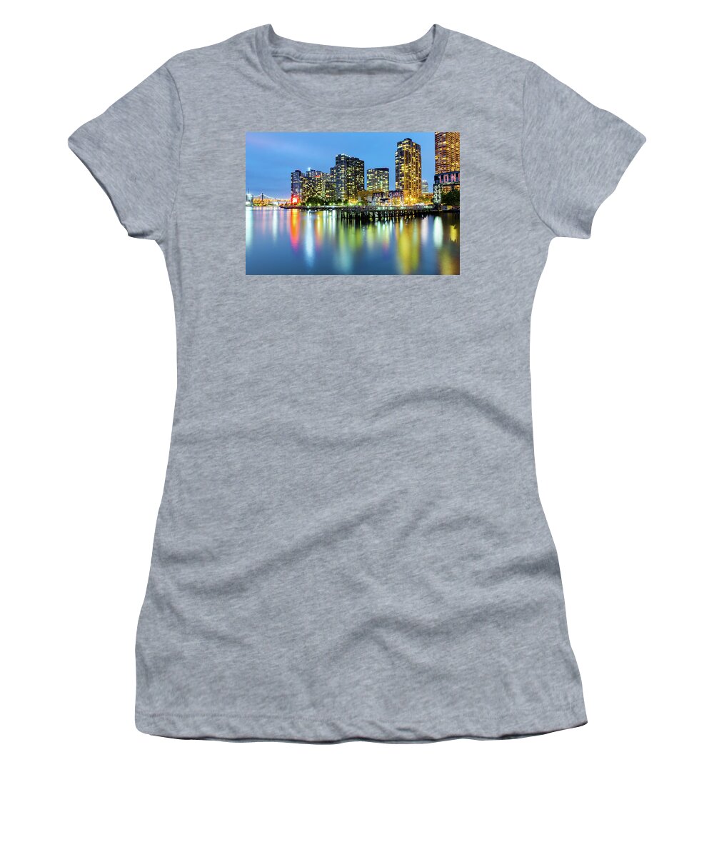 Gantry Plaza Women's T-Shirt featuring the photograph Long Island City skyline at dusk by Mihai Andritoiu