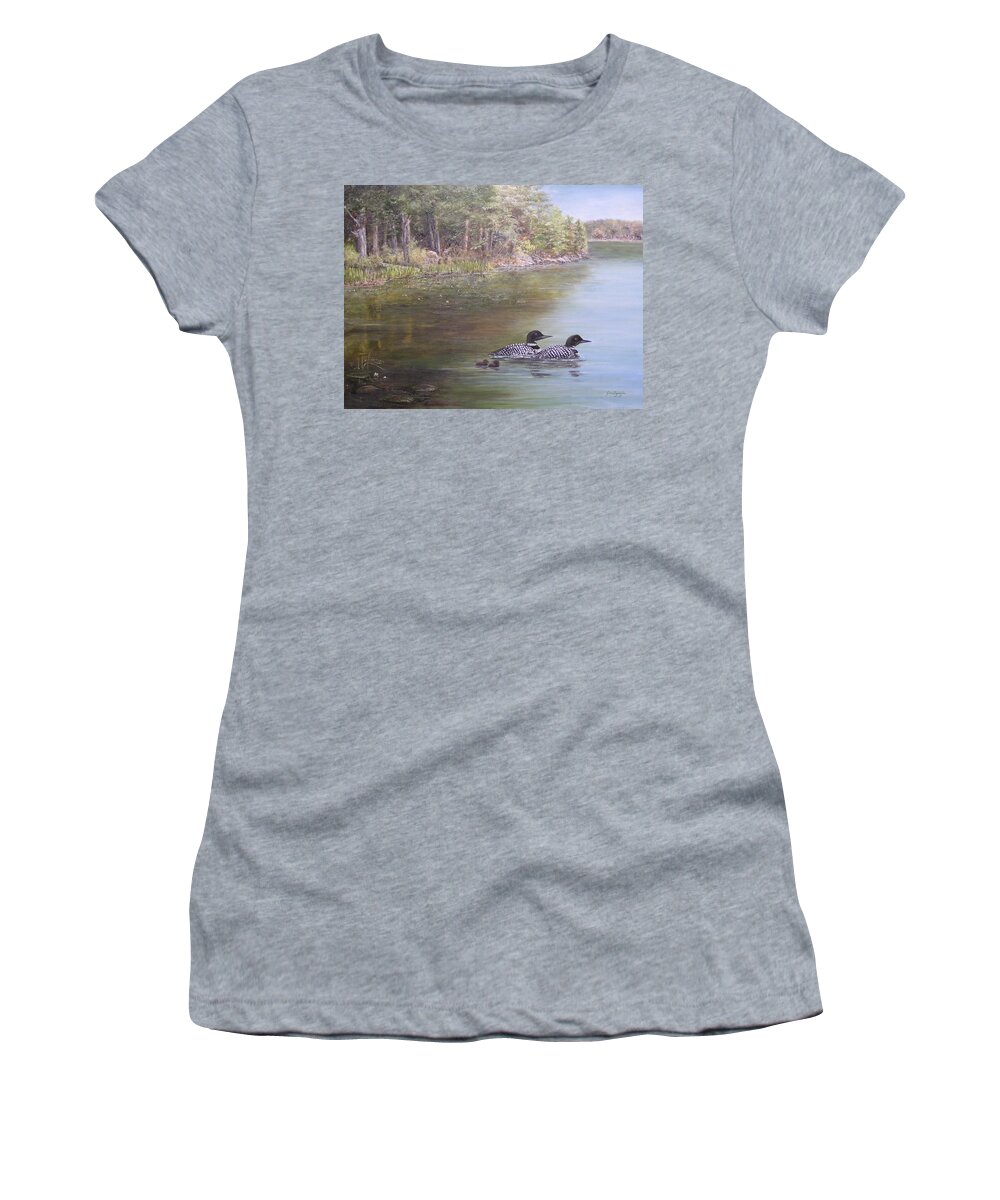 Loon Women's T-Shirt featuring the painting Loon Family 1 by Jan Byington