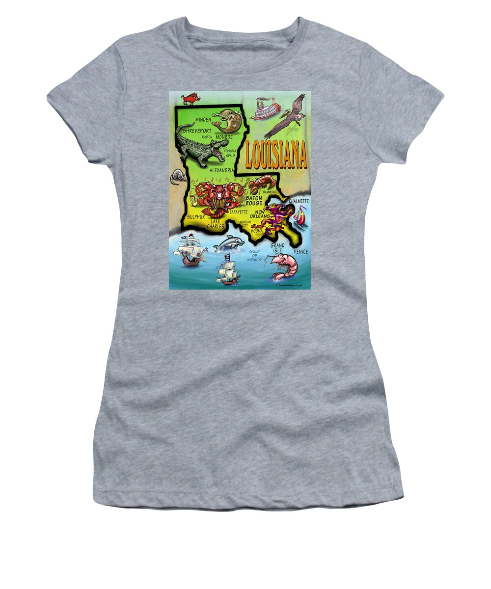 Louisiana Cartoon Map Women's T-Shirt by Kevin Middleton - Pixels