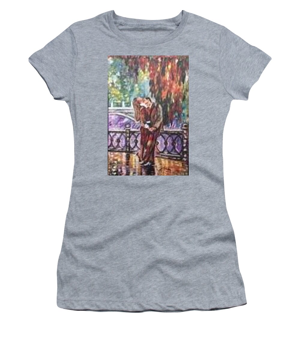Love Women's T-Shirt featuring the painting Love story on a rainy day by Sam Shaker