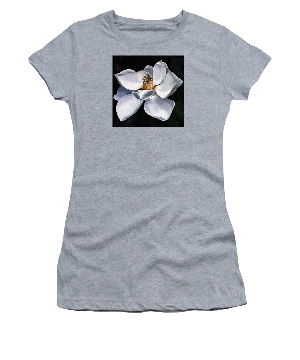 Magnolia Women's T-Shirt featuring the painting Lovely in White - painting magnolia flower by Linda Apple