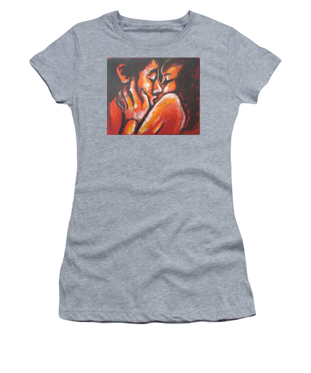 Acrylics Painting On Canvas Women's T-Shirt featuring the painting Lovers - Hot Lips by Carmen Tyrrell