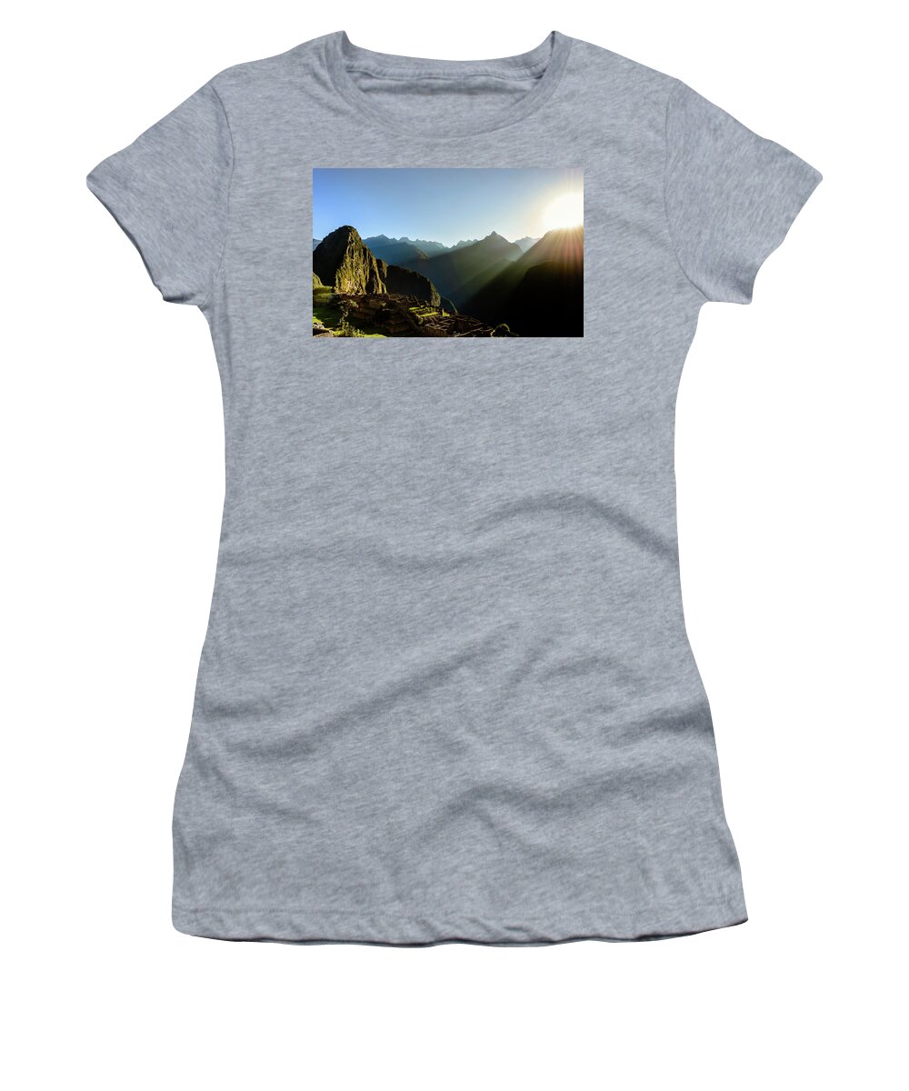 Sunrise Women's T-Shirt featuring the photograph Machu Picchu Sunrise 1 by Oscar Gutierrez