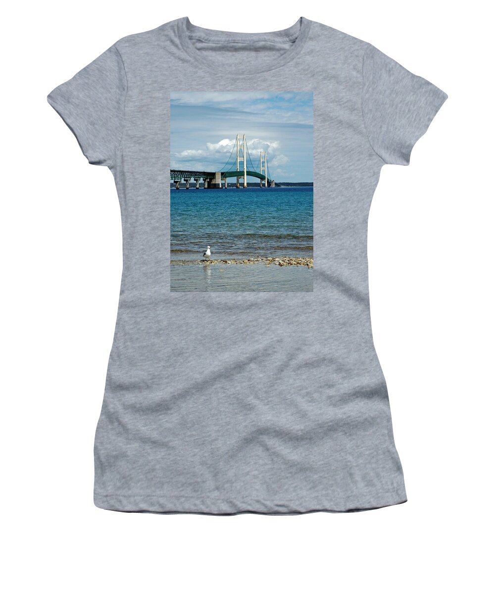 Usa Women's T-Shirt featuring the photograph Mackinac Bridge with Seagull by LeeAnn McLaneGoetz McLaneGoetzStudioLLCcom