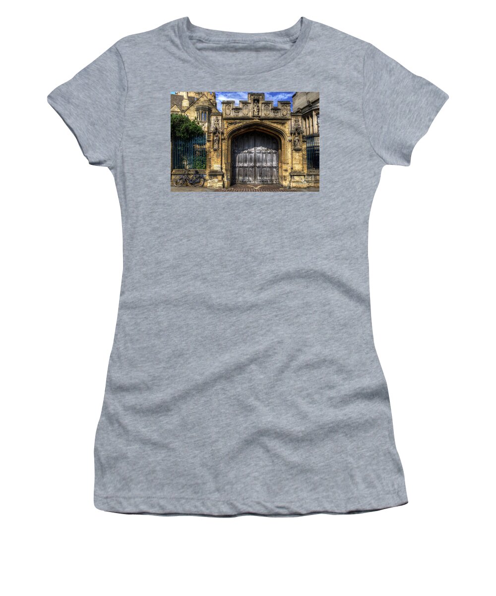 Yhun Suarez Women's T-Shirt featuring the photograph Magdalen College Door - Oxford by Yhun Suarez