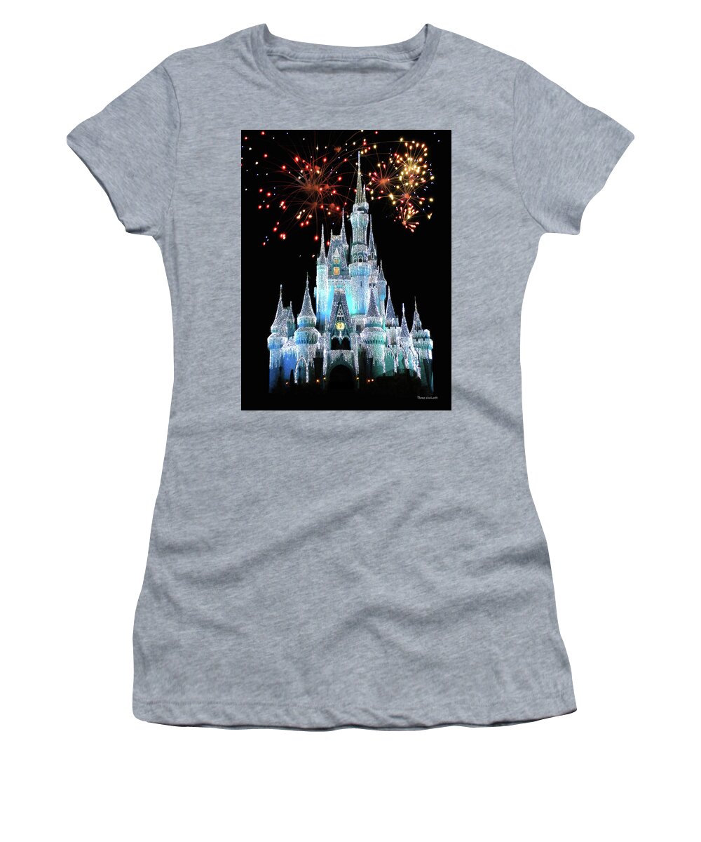 Castle Women's T-Shirt featuring the photograph Magic Kingdom Castle In Frosty Light Blue with Fireworks 03 MP by Thomas Woolworth