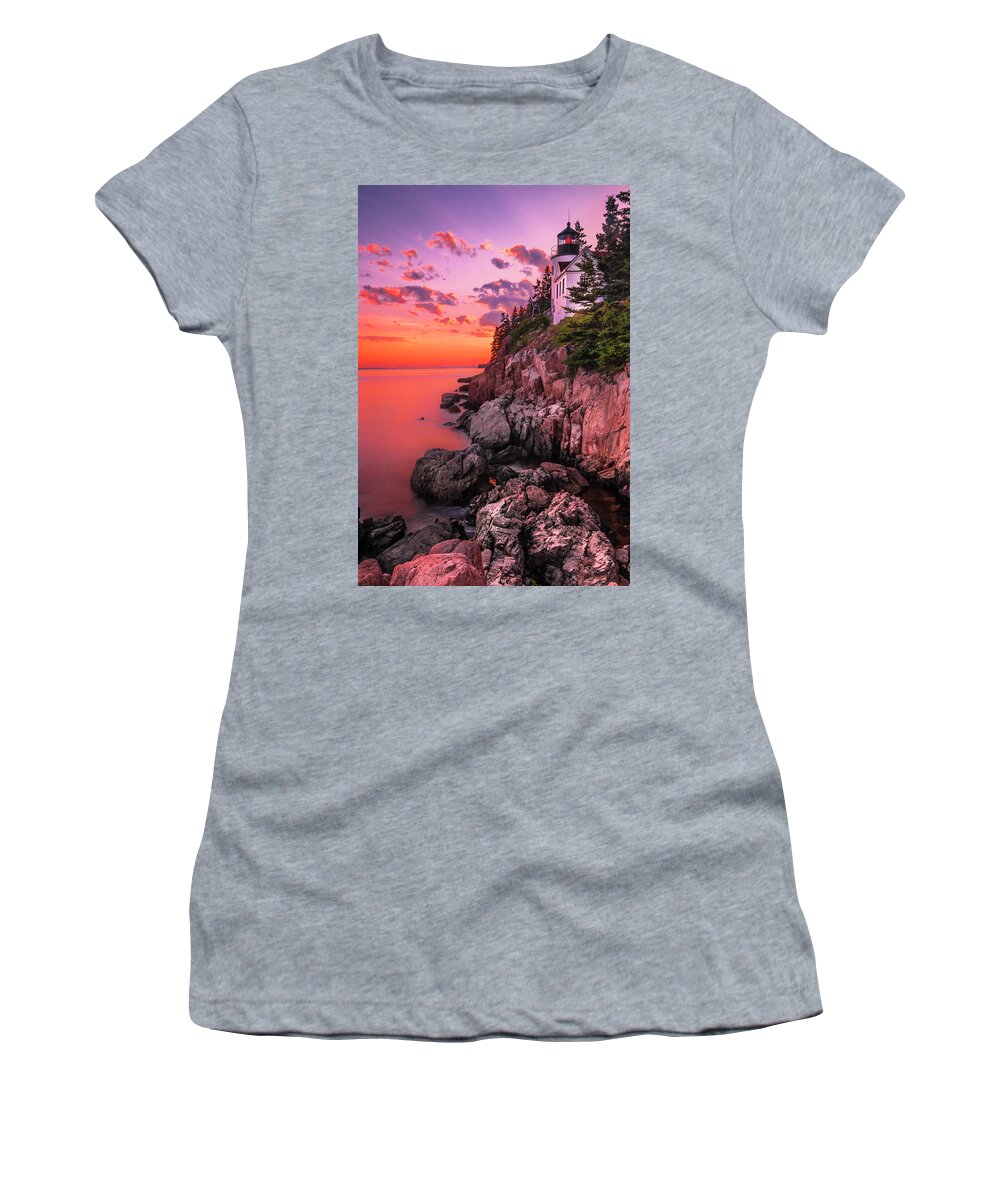 Maine Women's T-Shirt featuring the photograph Maine Bass Harbor Lighthouse Sunset by Ranjay Mitra