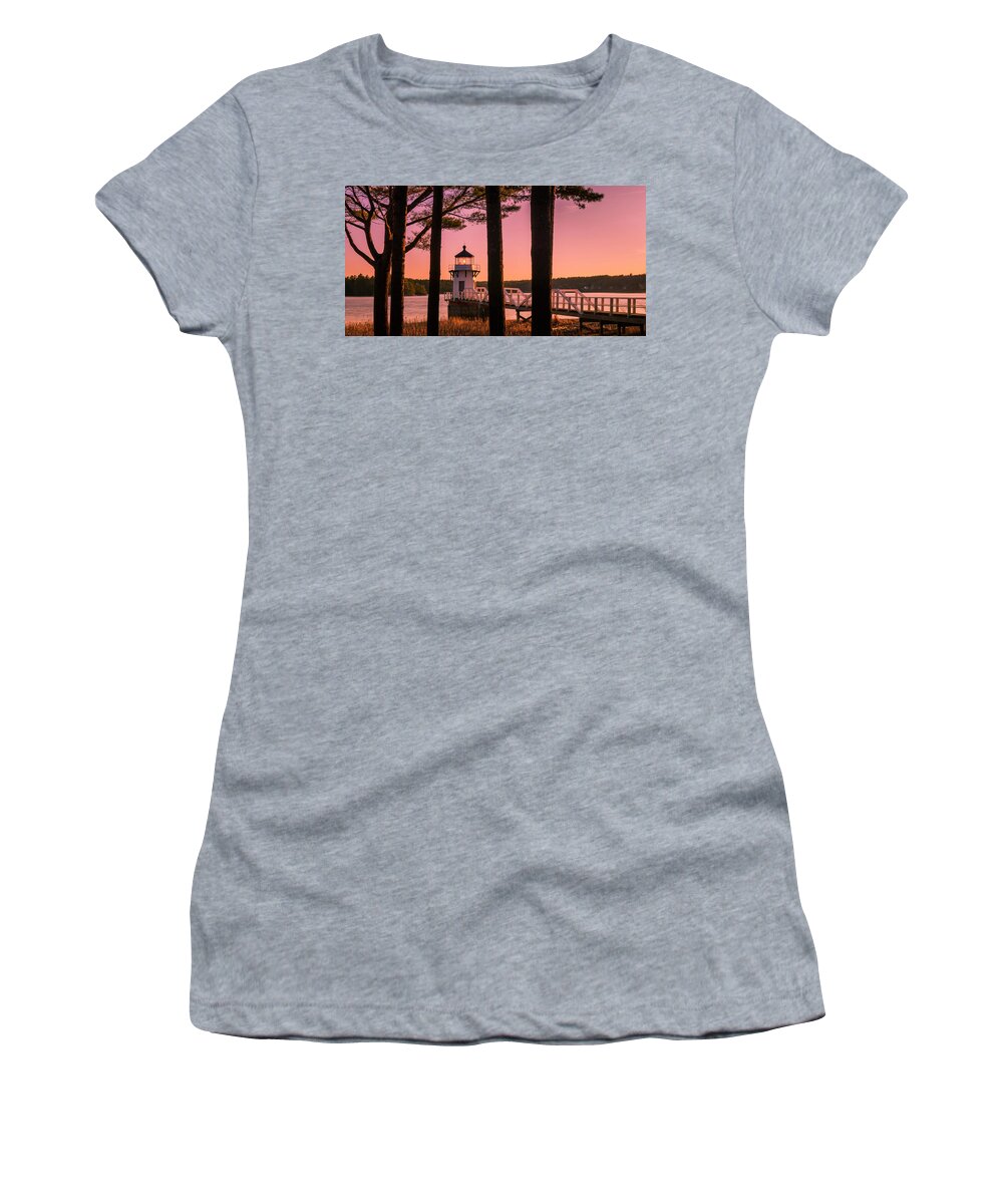 Maine Women's T-Shirt featuring the photograph Maine Doubling Point Lighthouse at Sunset Panorama by Ranjay Mitra