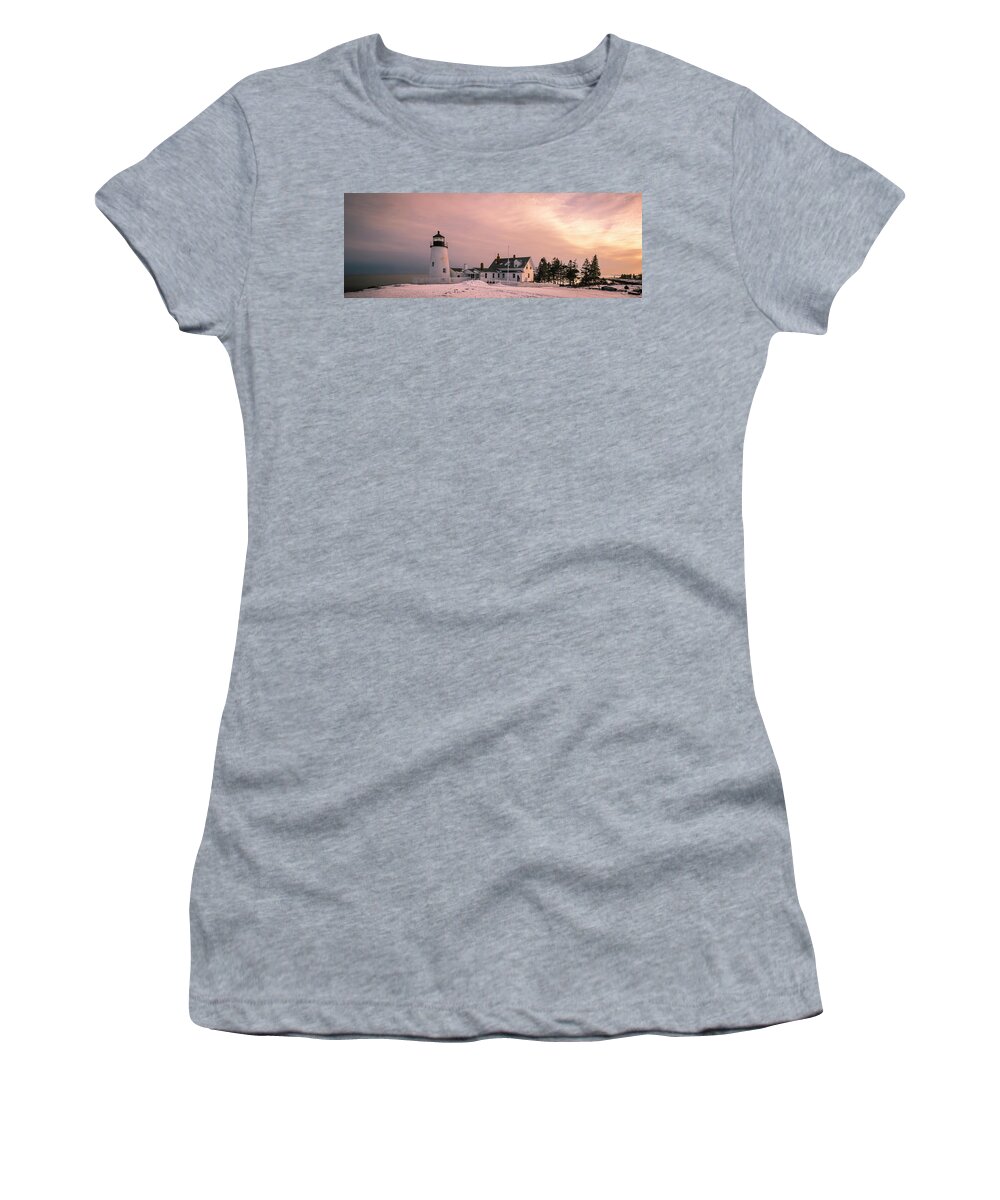 Maine Women's T-Shirt featuring the photograph Maine Pemaquid Lighthouse after Winter Snow Storm by Ranjay Mitra
