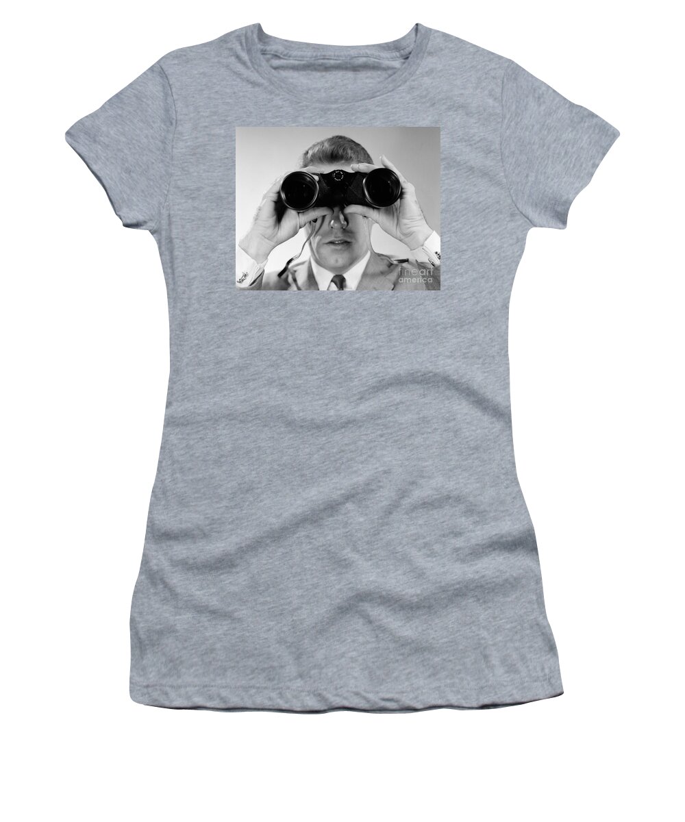 1960s Women's T-Shirt featuring the photograph Man Looking Through Binoculars, C.1960s by H. Armstrong Roberts/ClassicStock