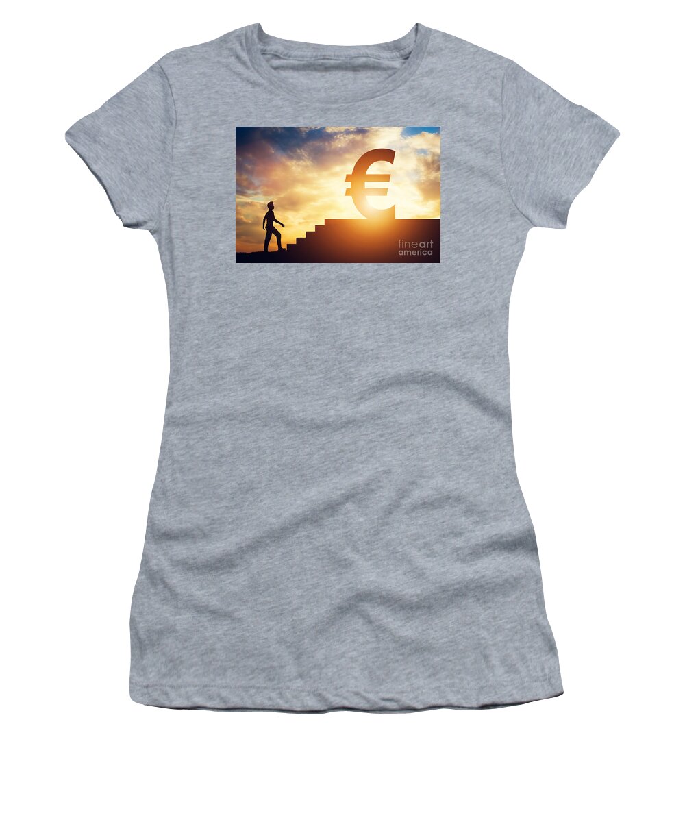 Man Women's T-Shirt featuring the photograph Man standing in front of stairs with euro sign on top by Michal Bednarek