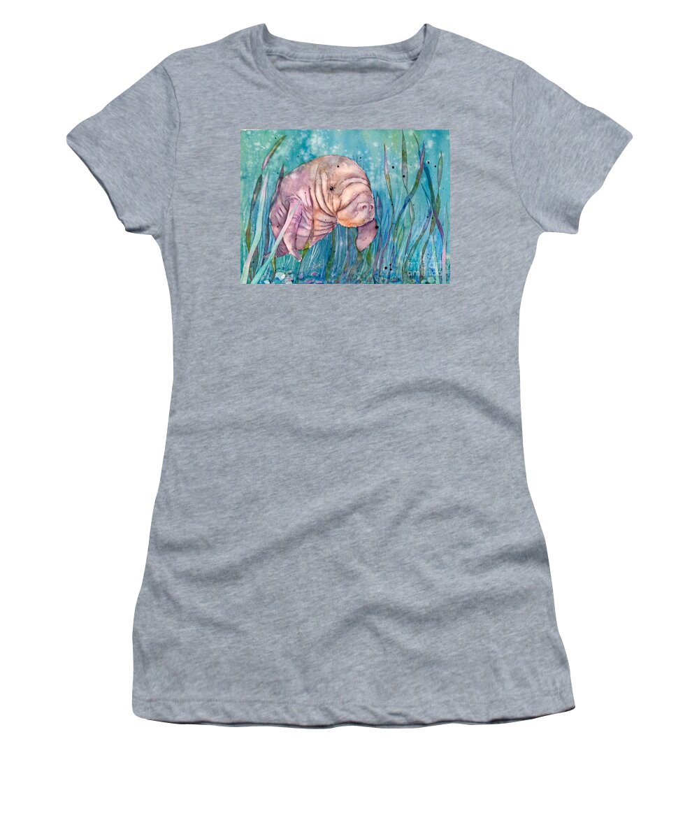 Manatee Women's T-Shirt featuring the painting Manatee in the sea grass by Midge Pippel