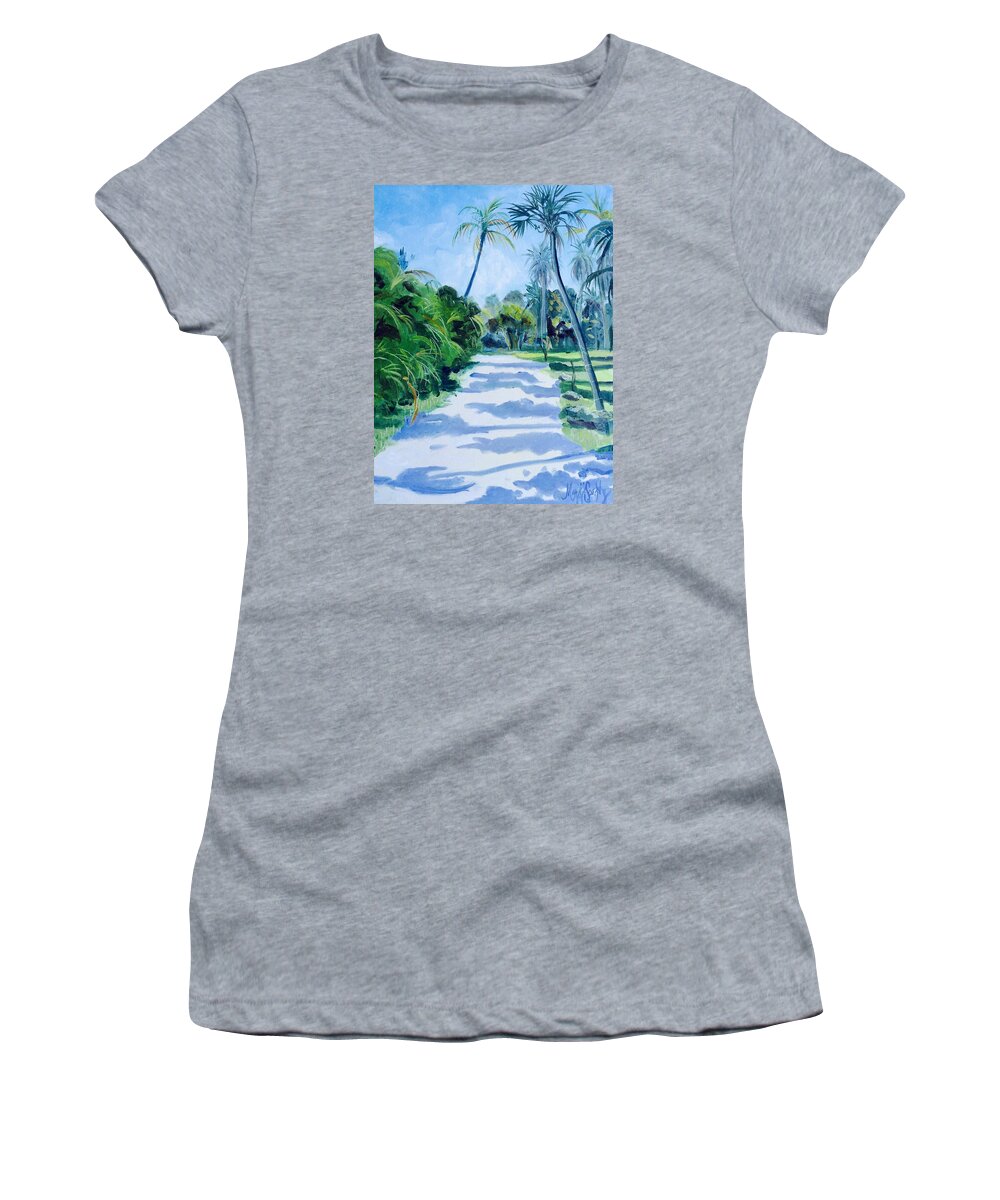 Palm Trees Florida Pleinair Sanibel Island Santiva Captiva Tropical Women's T-Shirt featuring the painting Mangrove Lane by Maggii Sarfaty