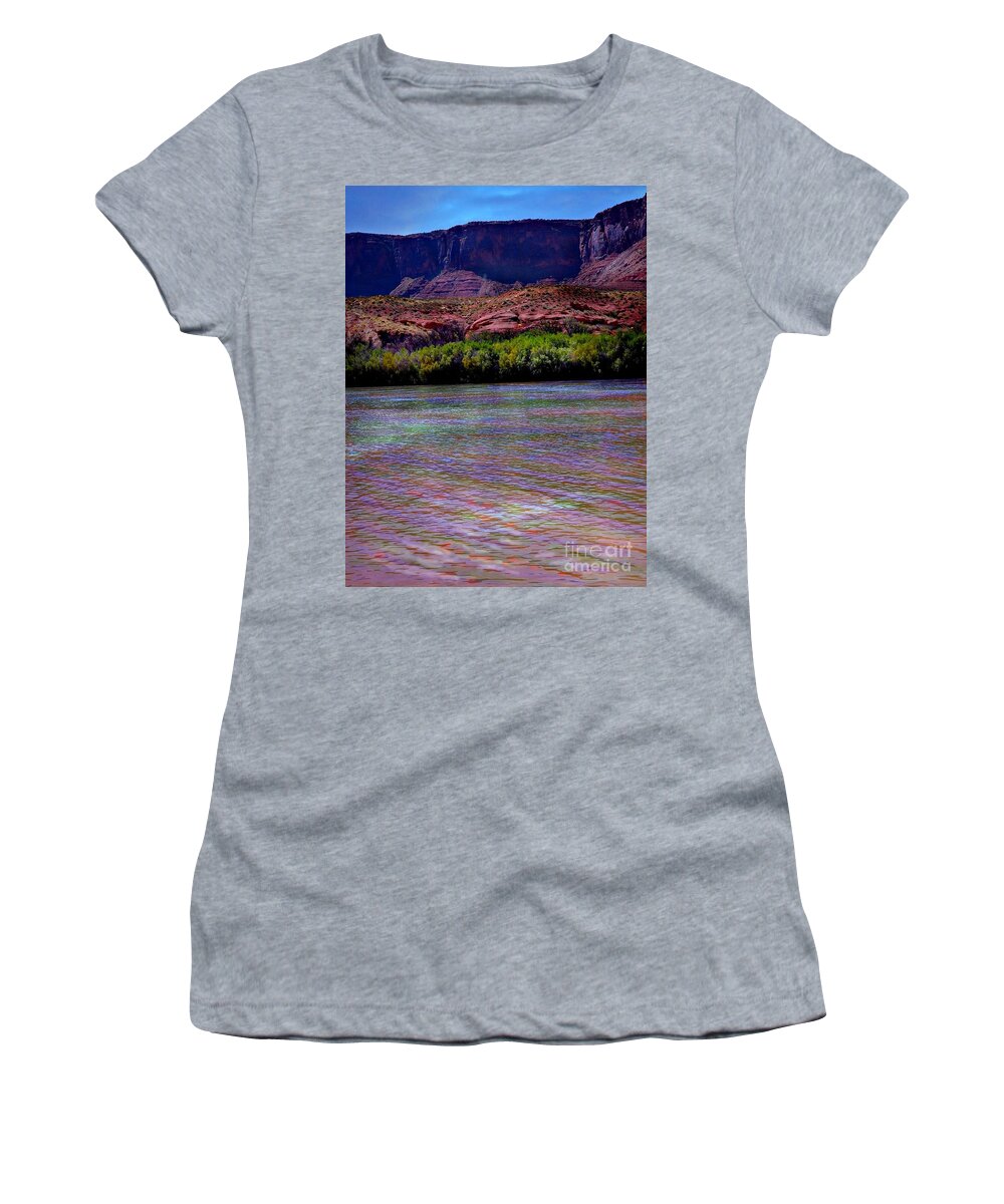 Reflections Of Many Colors In Colorado River Near Onion Creek Utah Women's T-Shirt featuring the digital art Many colors in Colorado River by Annie Gibbons