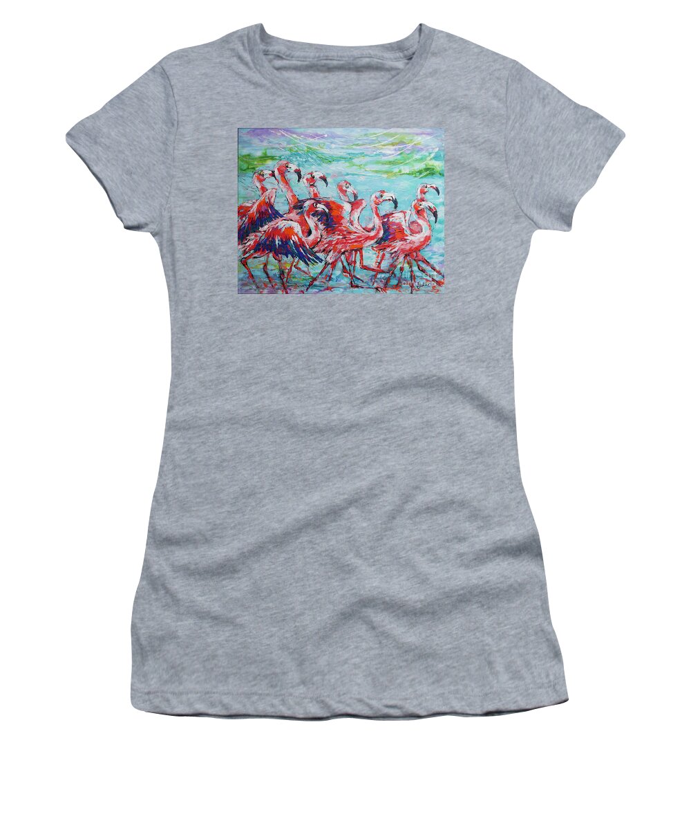 Birds Women's T-Shirt featuring the painting Marching Flamingos by Jyotika Shroff