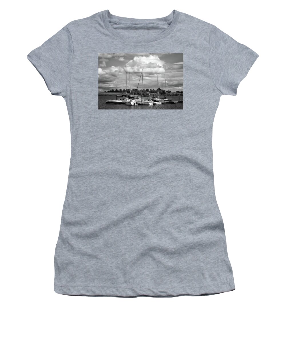Boats Women's T-Shirt featuring the photograph Marina - Branched Oak Lake - Black and White by Nikolyn McDonald