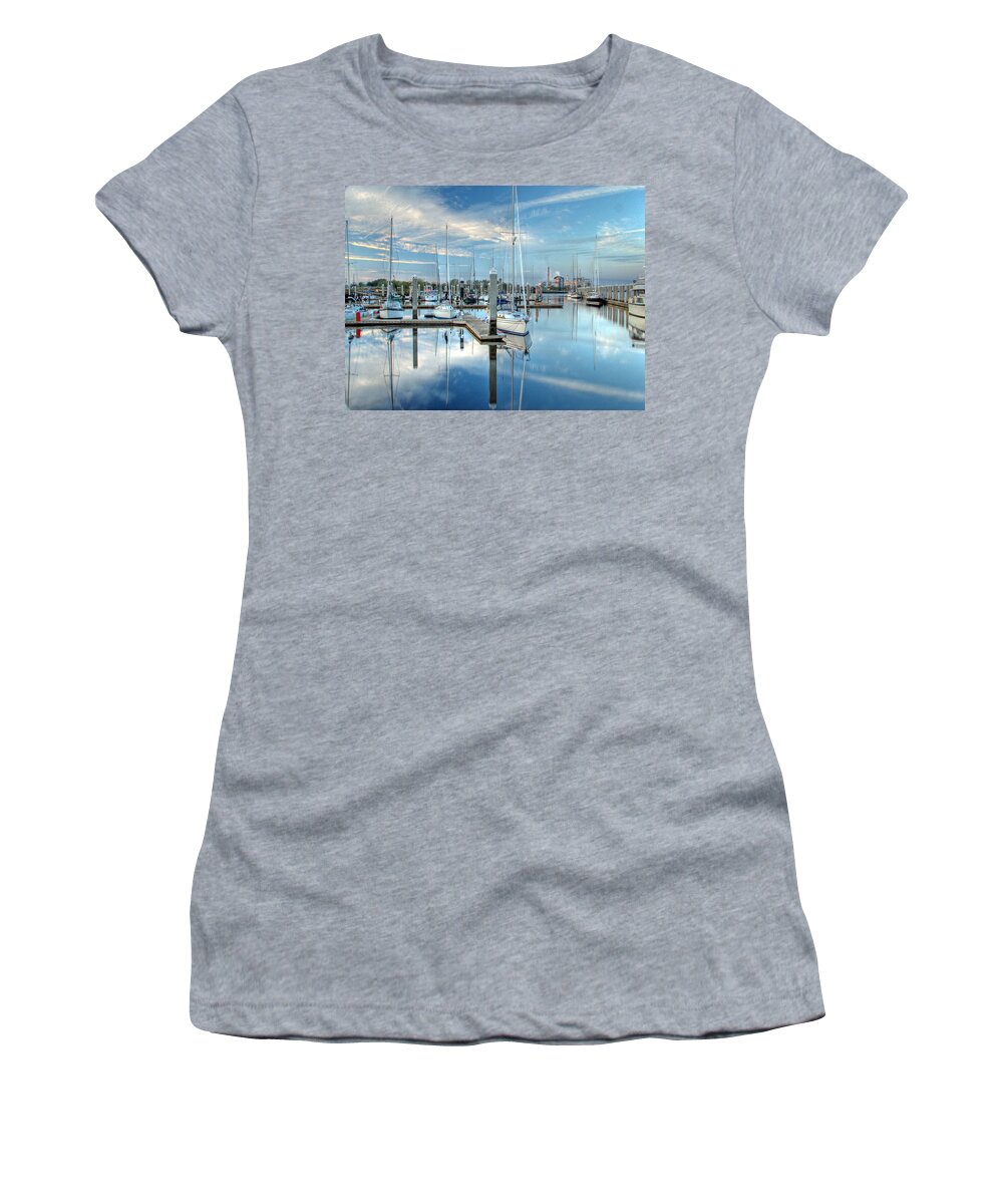 Fernandina Women's T-Shirt featuring the photograph Marina Sunrise by Farol Tomson