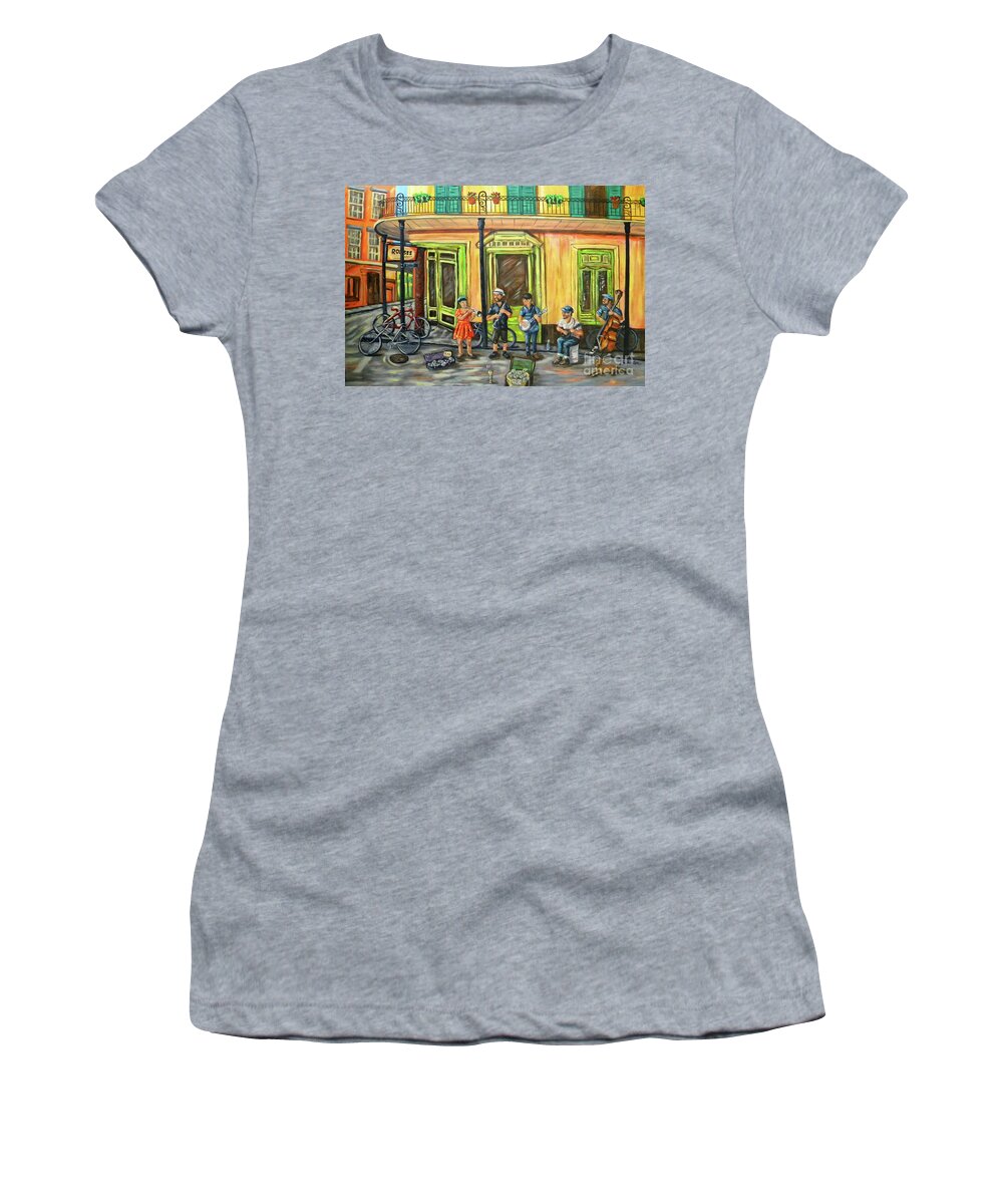 Band Women's T-Shirt featuring the painting Market Musicians by JoAnn Wheeler