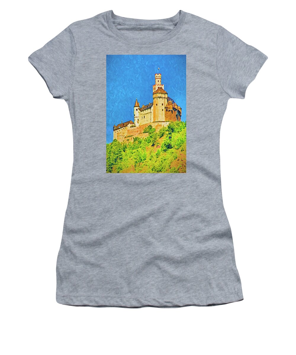 Germany Women's T-Shirt featuring the mixed media Marksburg Castle by Dennis Cox Photo Explorer