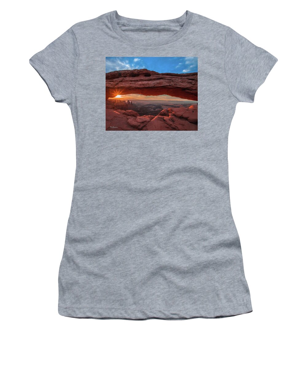 Mesa Arch Women's T-Shirt featuring the photograph Mesa Arch at Sunrise 3, Canyonlands National Park, Utah by Tim Kathka