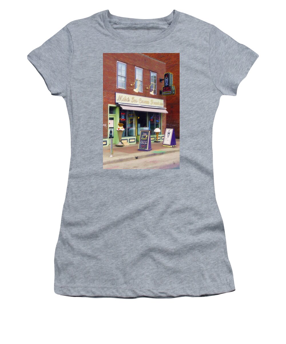 Mike's Women's T-Shirt featuring the painting Mike's Ice Cream Fountain by Sandy MacGowan